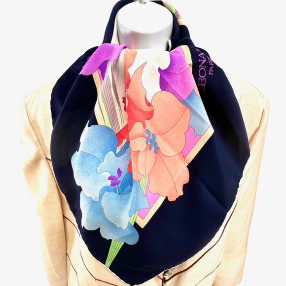 Leonard Paris 100% Silk Scarf 33" Ivery Blue pink purple green floral (79 - Picture 2 of 15